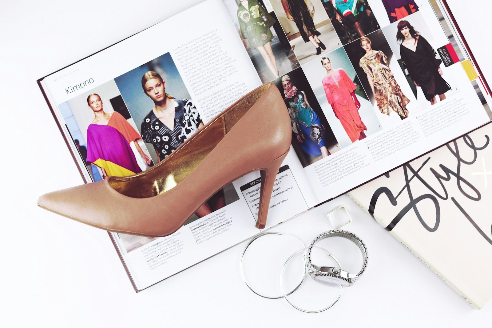 Chic heeled sandal on a fashion magazine representing refined accessories